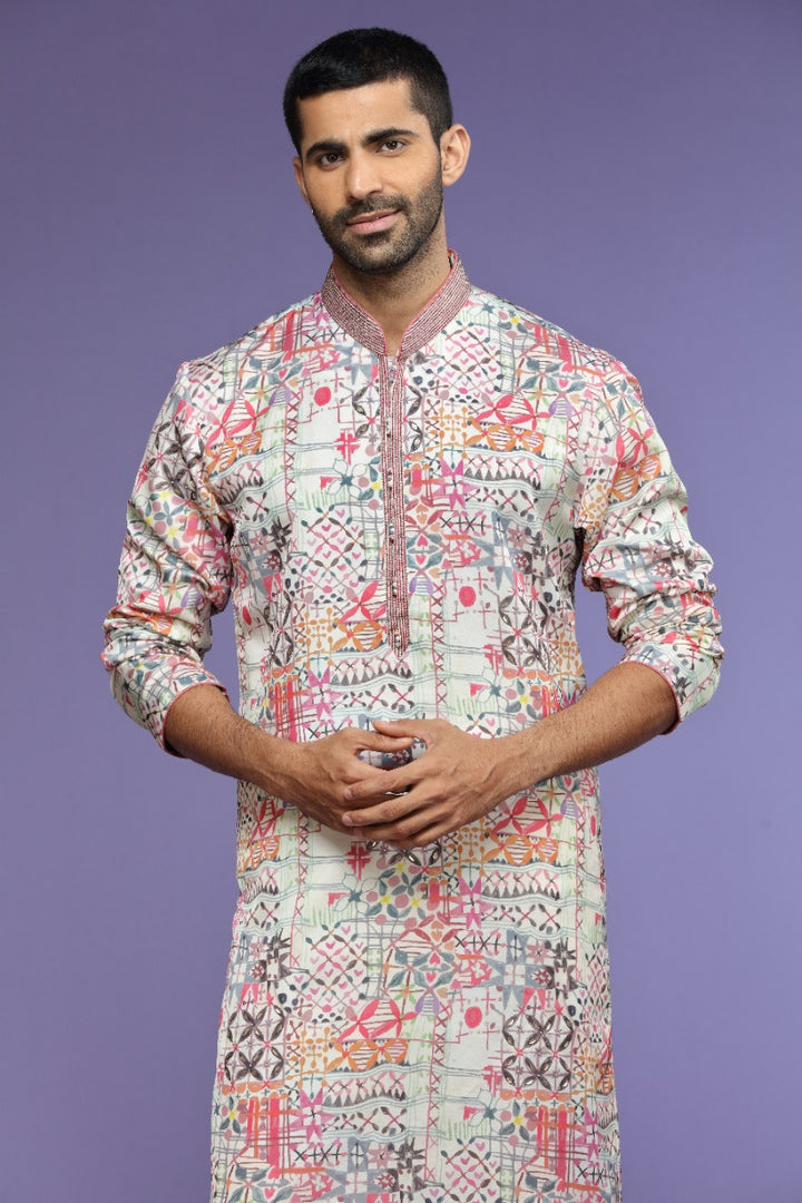 Multicolor Abstract Printed Blended Silk Kurta Set