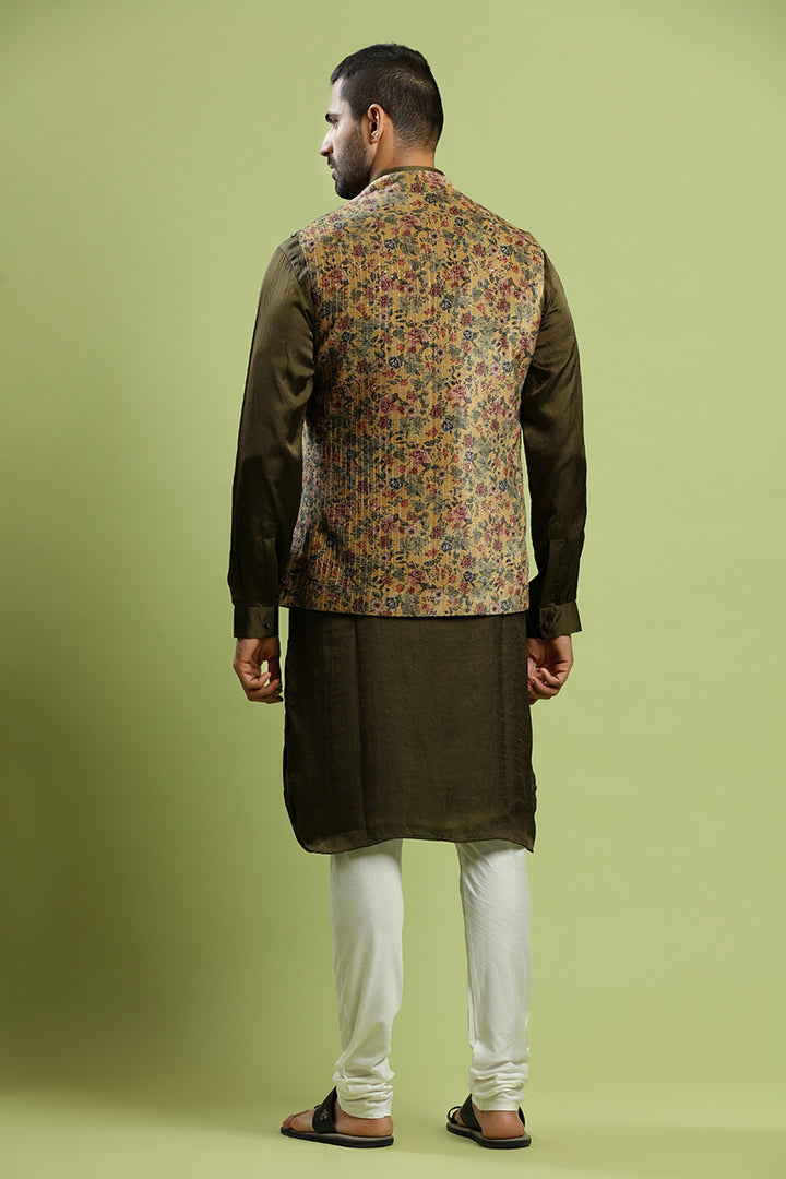 Henna Green Kurta With Floral Print Velvet Bandi Jacket Set