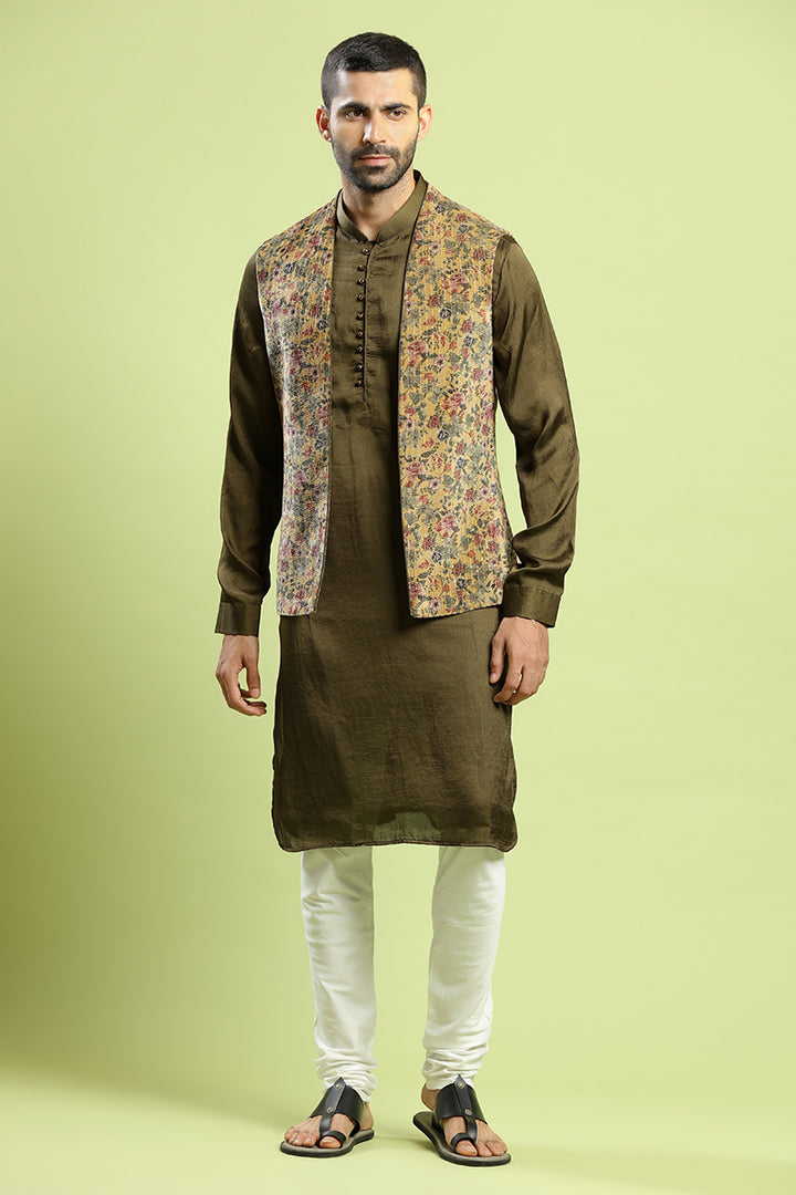 Henna Green Kurta With Floral Print Velvet Bandi Jacket Set