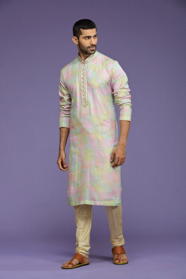 Pastel Lilac Abstract Printed Silk Kurta Set