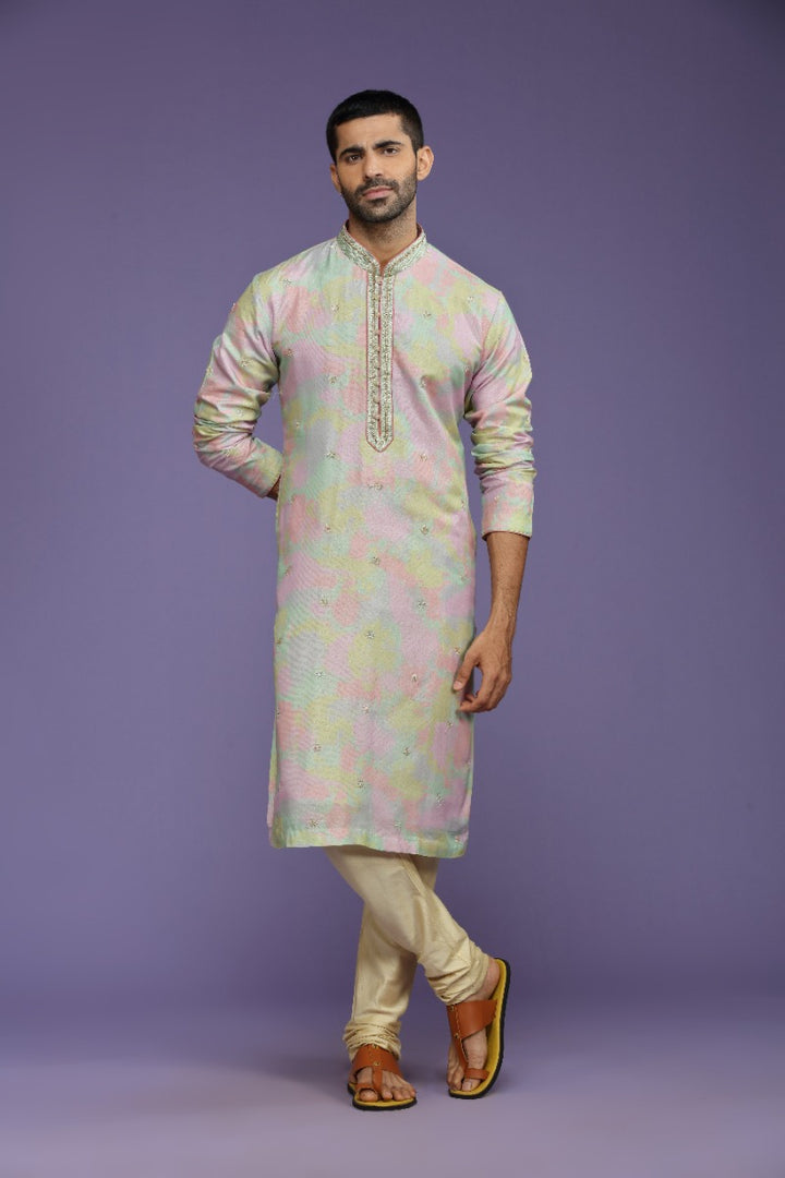 Pastel Lilac Abstract Printed Silk Kurta Set