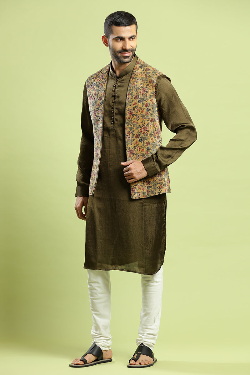 Henna Green Kurta With Floral Print Velvet Bandi Jacket Set