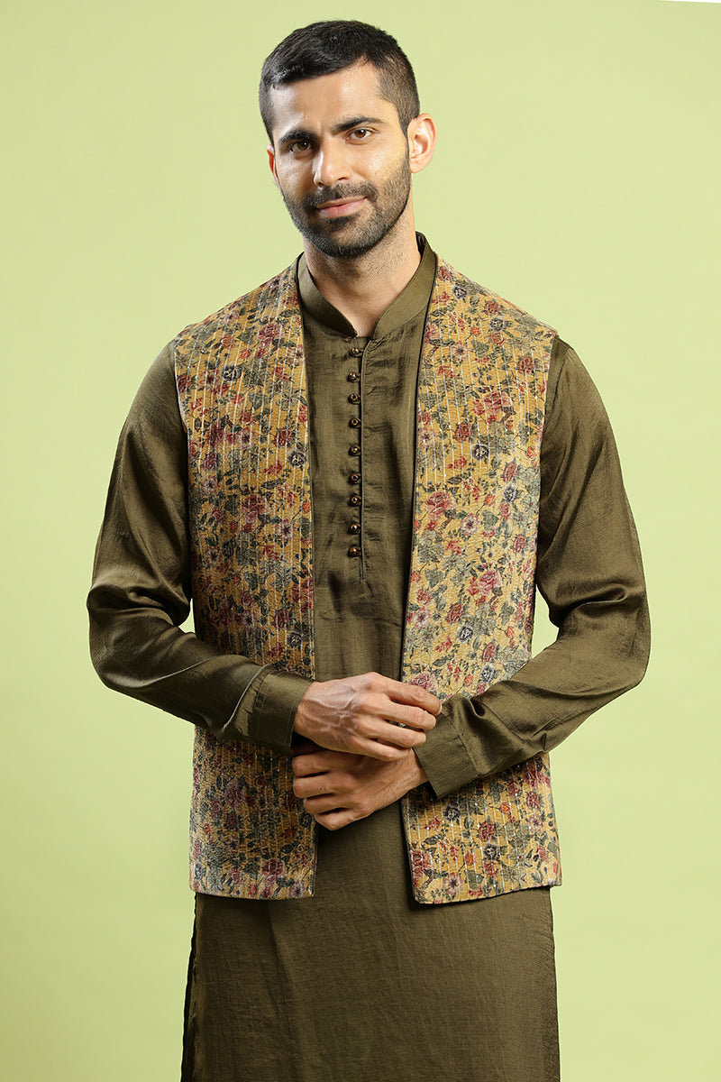 Henna Green Kurta With Floral Print Velvet Bandi Jacket Set