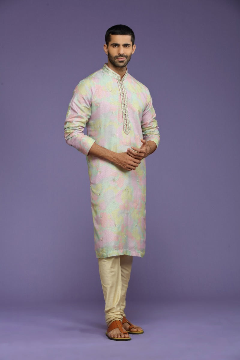 Pastel Lilac Abstract Printed Silk Kurta Set