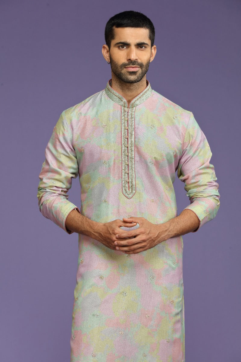 Pastel Lilac Abstract Printed Silk Kurta Set