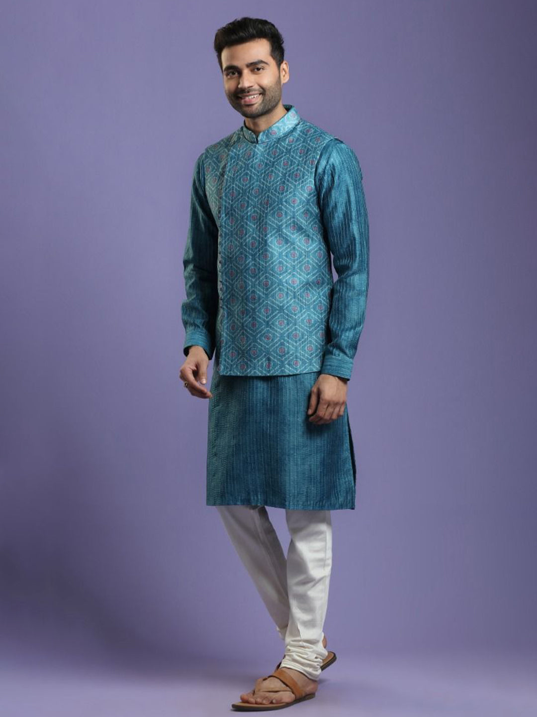 Ocean Blue Blended Silk Kurta Set With Bandhej Printed Jacket