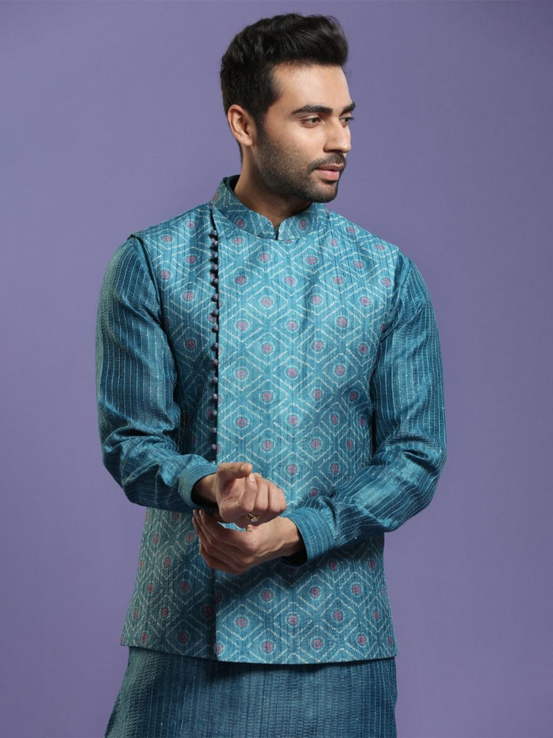 Ocean Blue Blended Silk Kurta Set With Bandhej Printed Jacket