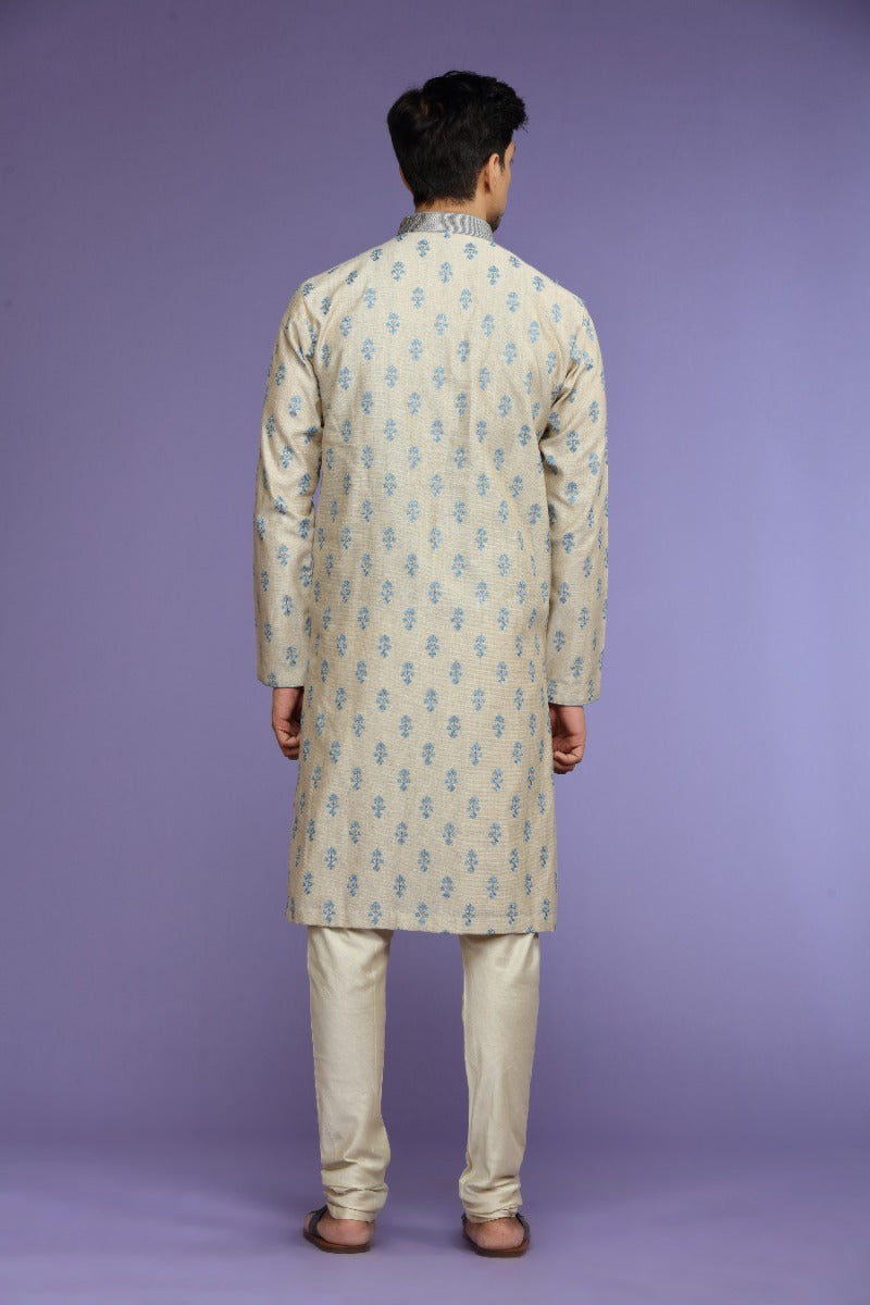 Off-White And Blue Festive Kurta Set for Men