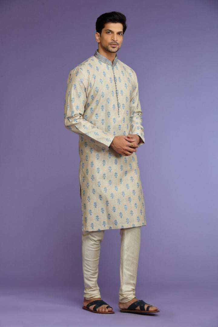 Off-White And Blue Festive Kurta Set for Men