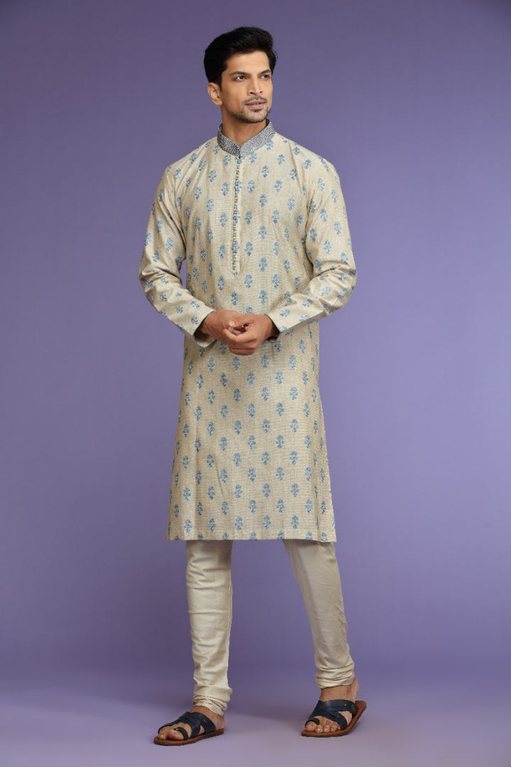 Off-White And Blue Festive Kurta Set for Men