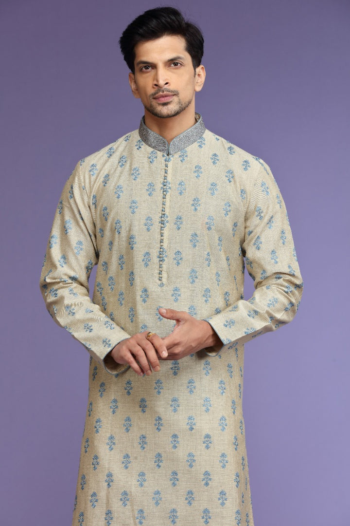 Off-White And Blue Festive Kurta Set for Men