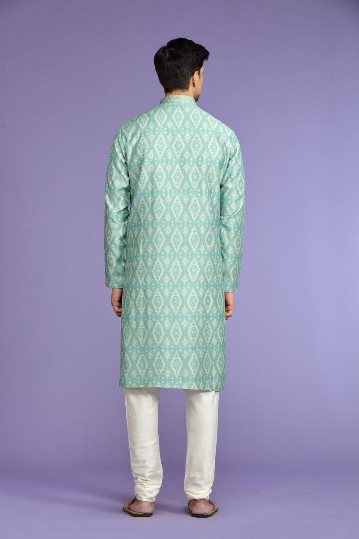 Sea-green Printed Blended Silk Festive Kurta Set