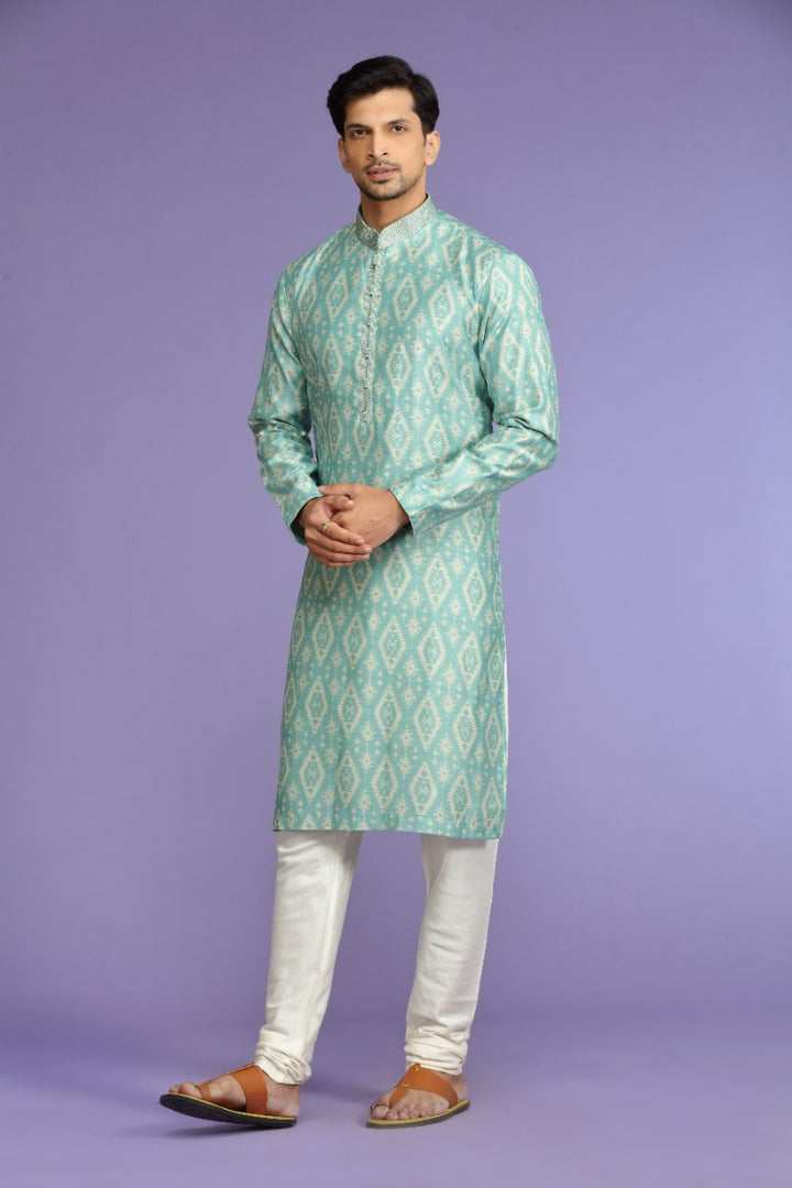 Sea-green Printed Blended Silk Festive Kurta Set