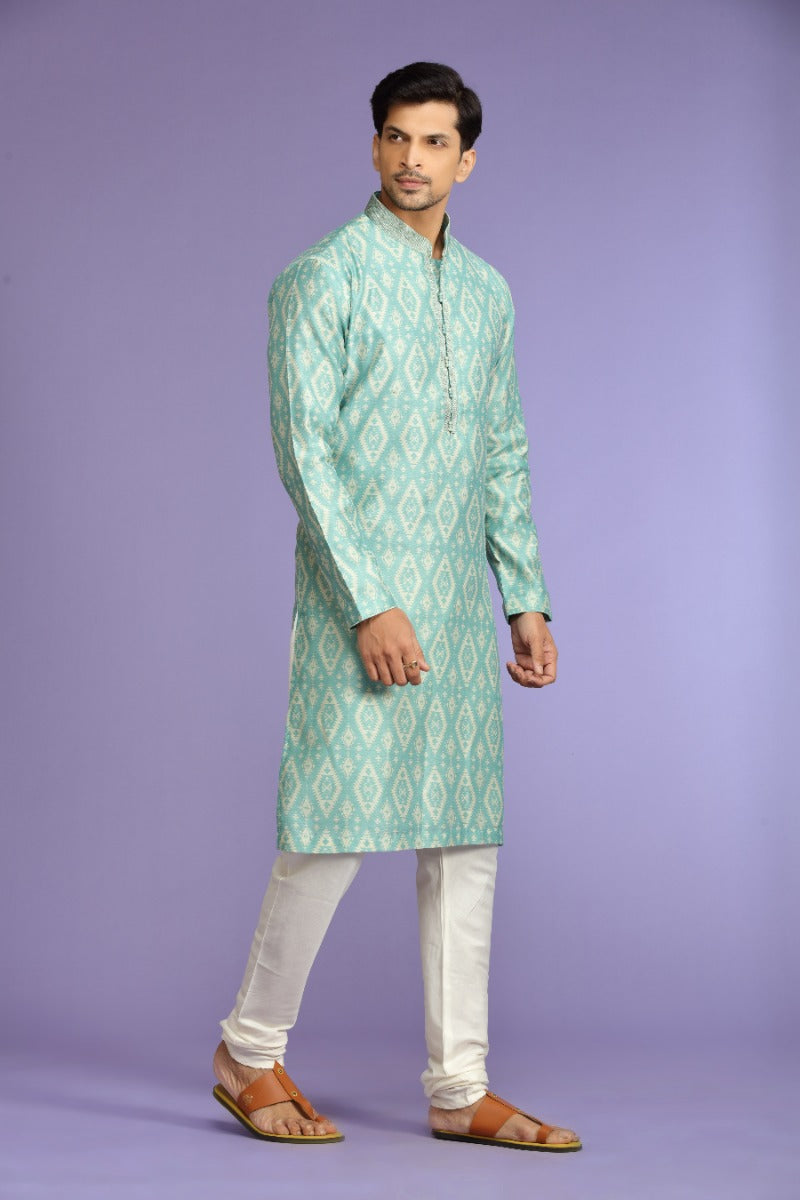 Sea-green Printed Blended Silk Festive Kurta Set