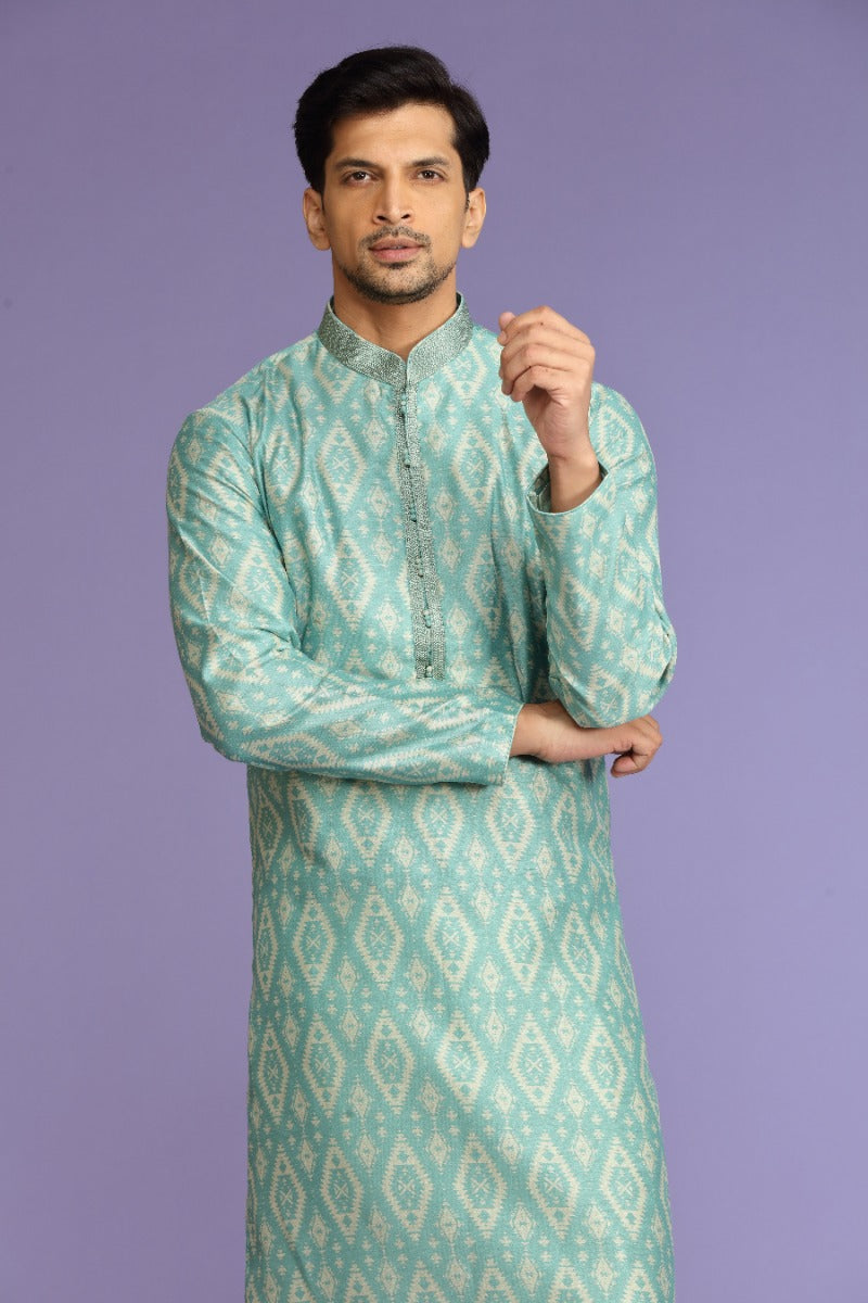 Sea-green Printed Blended Silk Festive Kurta Set