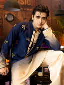 Navy Blue Rose Silk Embroidered Kurta Set with Beige Palazzo Pants | Men's Festive Wear - KORANM