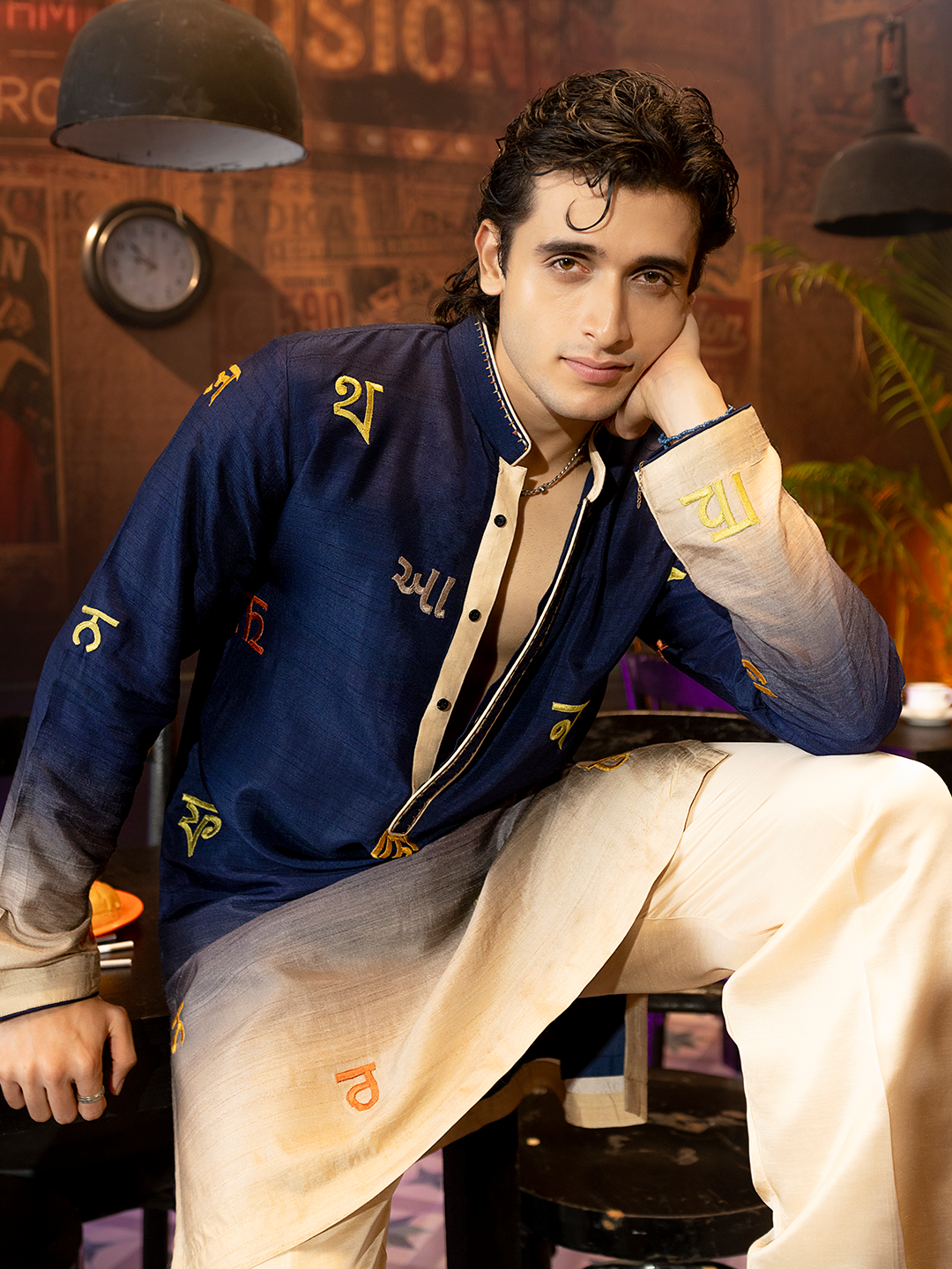 Navy Blue Rose Silk Embroidered Kurta Set with Beige Palazzo Pants | Men's Festive Wear - KORANM
