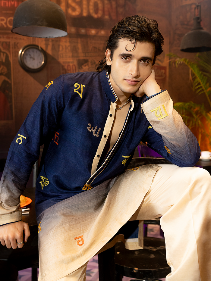 Navy Blue Rose Silk Embroidered Kurta Set with Beige Palazzo Pants | Men's Festive Wear - KORANM