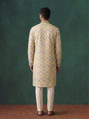 Fawn Silk Kurta Set for Men with Embroidery and Cream Aligarhi Bottom
