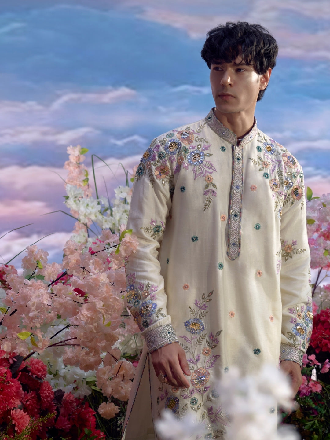 Cream Rose Silk Embroidered Kurta Set with Dupatta – Carnival Collection - KORANM