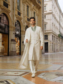 Detail view of stole and kamarbandh with cream silk sherwani set for men