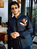 Men's navy blue linen floral embroidered bandi set with full sleeve Chinese collar shirt