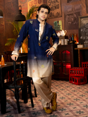 Navy Blue Rose Silk Embroidered Kurta Set with Beige Palazzo Pants | Men's Festive Wear - KORANM