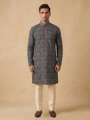 Black Silk Kurta Set for Men with Cream Aligarhi – Floral Embroidery - KORANM