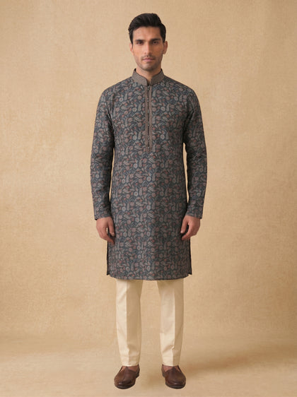 Black Silk Kurta Set for Men with Cream Aligarhi – Floral Embroidery