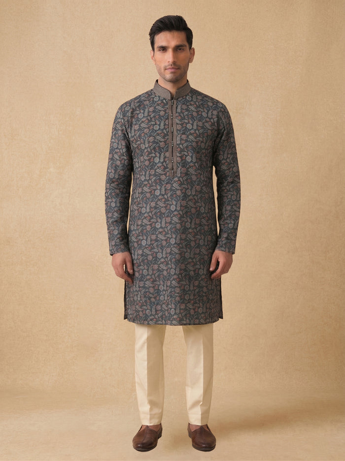 Black Silk Kurta Set for Men with Cream Aligarhi – Floral Embroidery - KORANM