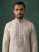 Fawn Silk Kurta Set for Men with Embroidery and Cream Aligarhi Bottom