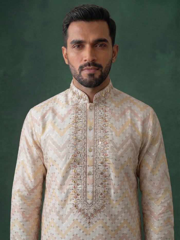 Fawn Silk Kurta Set for Men with Embroidery and Cream Aligarhi Bottom - KORANM
