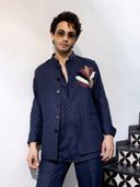 Navy Blue Floral Embroidered Linen Bandi Set for Men | Wedding & Festive Wear