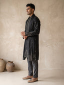 Black Silk Intricate Embroidered Kurta, Aligarhi & Dupatta Set