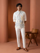 Cream Terry Rayon Bandi Shirt with Multi-Color Botanical Embroidery