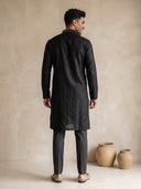 Black Silk Intricate Embroidered Kurta, Aligarhi & Dupatta Set