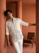 Cream Terry Rayon Bandi Shirt with Multi-Color Botanical Embroidery