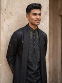 Black Silk Intricate Embroidered Kurta, Aligarhi & Dupatta Set