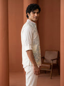 Cream Terry Rayon Bandi Shirt with Multi-Color Botanical Embroidery