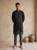 Black Silk Intricate Embroidered Kurta, Aligarhi & Dupatta Set