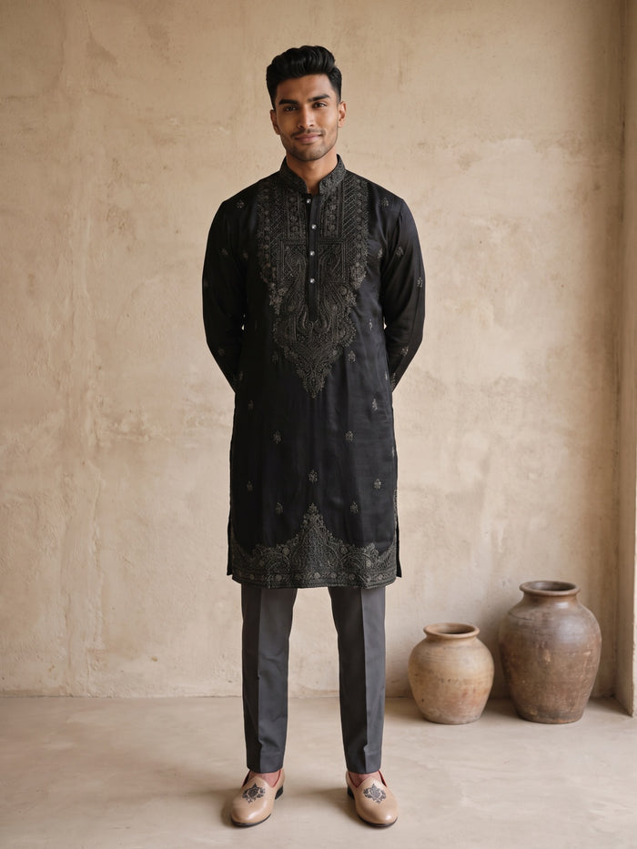 Black Silk Intricate Embroidered Kurta, Aligarhi & Dupatta Set - KORANM