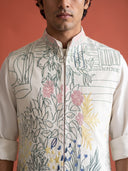 Cream Terry Rayon Bandi Shirt with Multi-Color Botanical Embroidery