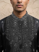Black Silk Intricate Embroidered Kurta, Aligarhi & Dupatta Set