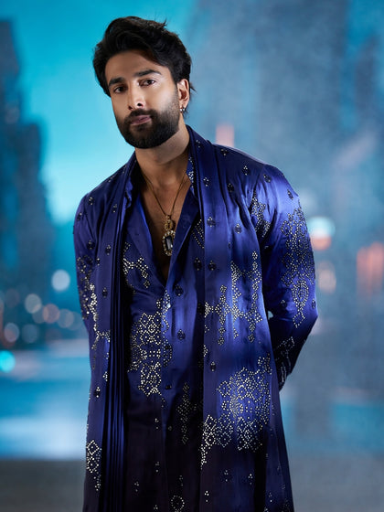 Classic Navy Embroidered Kurta Set with Plazo Pants | Worn by Meezaan Jafri | Kora by Nilesh Mitesh