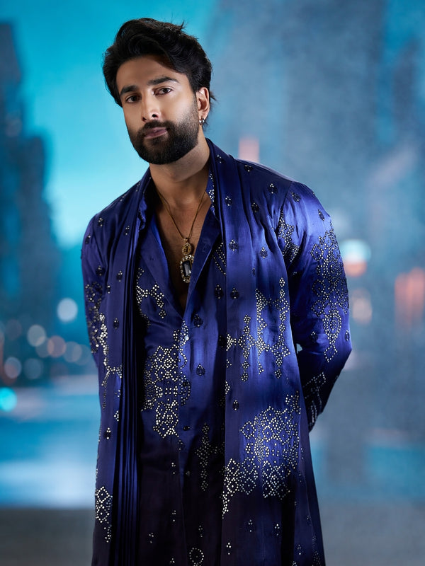Meezaan Jafri wearing navy embroidered kurta set with plazo pants – Kora by Nilesh Mitesh