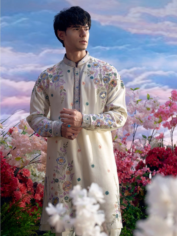 Cream Rose Silk Embroidered Kurta Set with Dupatta – Carnival Collection - KORANM