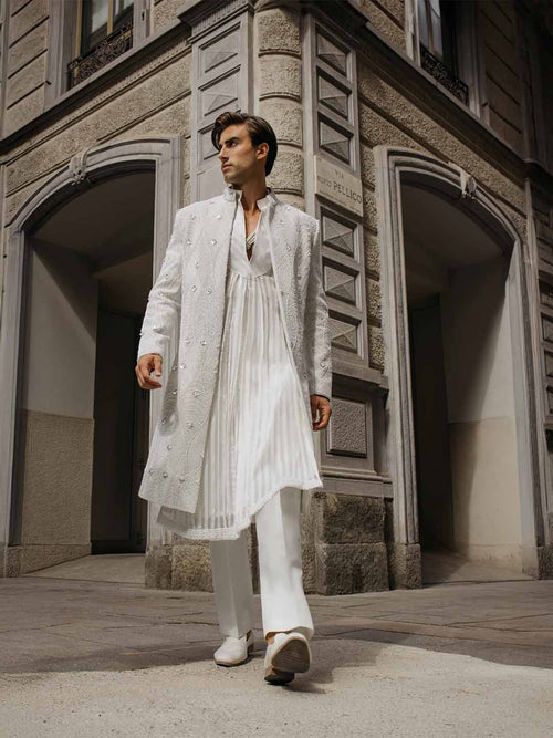 Ivory satin embroidered sherwani set for men with kurta, stole, belt and churidar – front view