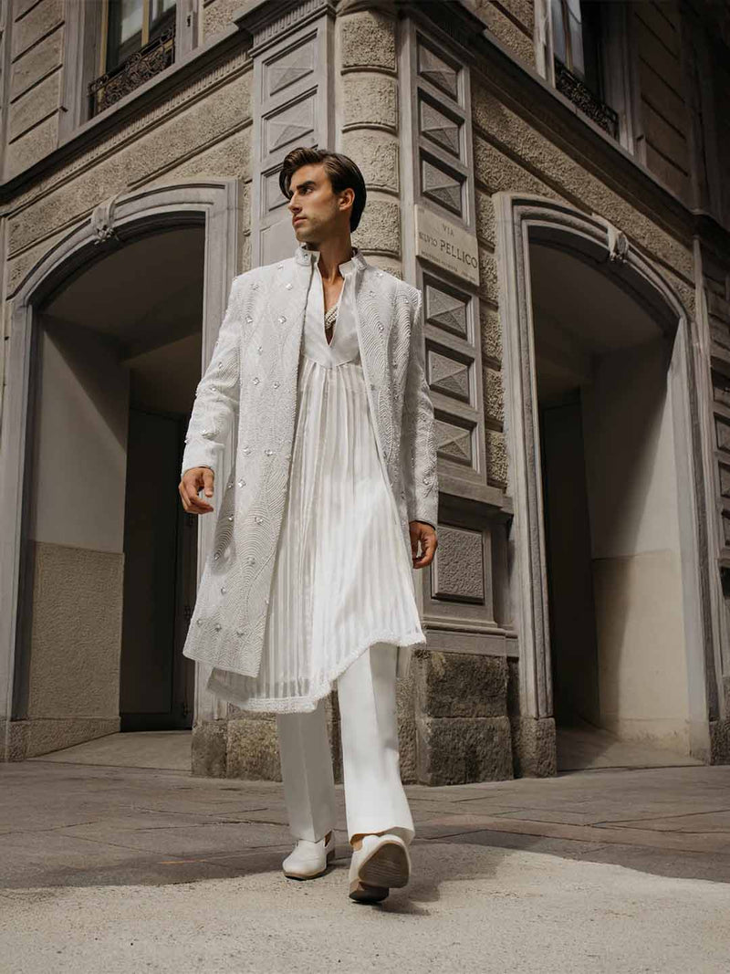 Ivory satin embroidered sherwani set for men with kurta, stole, belt and churidar – front view