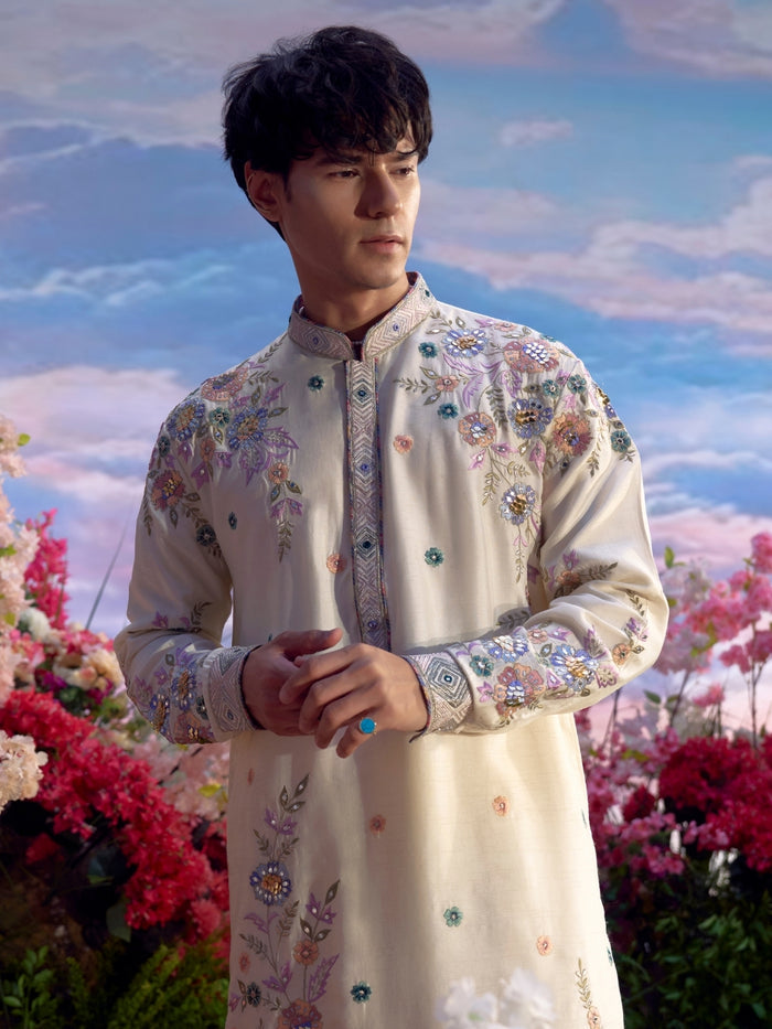 Cream Rose Silk Embroidered Kurta Set with Dupatta – Carnival Collection - KORANM