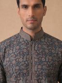 Black Silk Kurta Set for Men with Cream Aligarhi – Floral Embroidery - KORANM